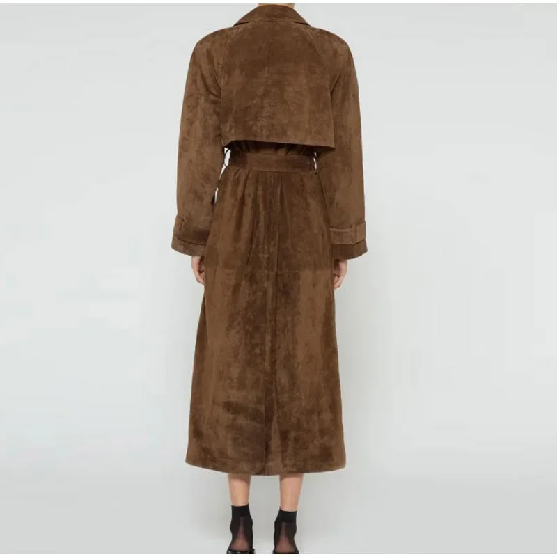 Suede womens long windproof coat full sleeved coat high street coat fashion belt brown autumn and Wi Fi 241031