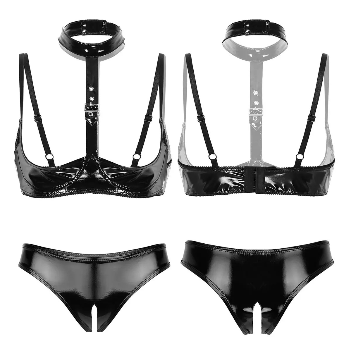 2Pcs Womens Wet Look Patent Leather Lingerie Set Sexy Open Cups Shelf Bra Top with Open Crotch High Cut Briefs Underwear Panties 241031