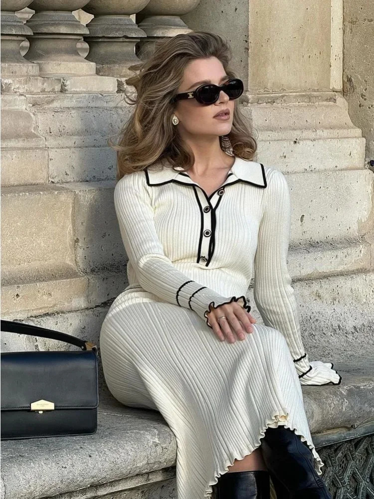 TARUXY Knitted Mini Dress Women Autumn Winter Ruffled Rib High Waist Elegant Dresses Womens Long Sleeve Banquet Dress For Woman 241031