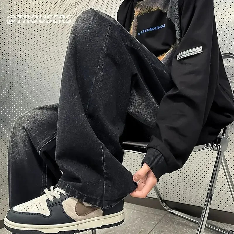 Vintage Mens Jeans Loose Fit Distressed Oversize American Style Casual Draped Wide Leg Dragged Pants Trendy 241024