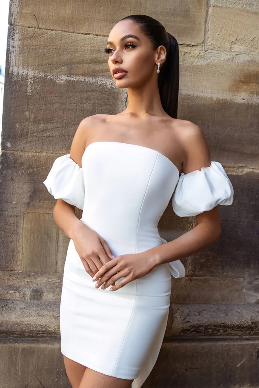 Modern Satin Sheath Wedding Dresses With Removabla Bow Ribbon Puff Short Sleeves Bridal Gowns Mini Little White Dress Brides Second R