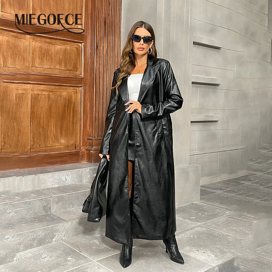 MIEGOFCE European and American autumn and winter jacket womens belt chic lapel collar PU leather extra long collar jacket 1781 241031