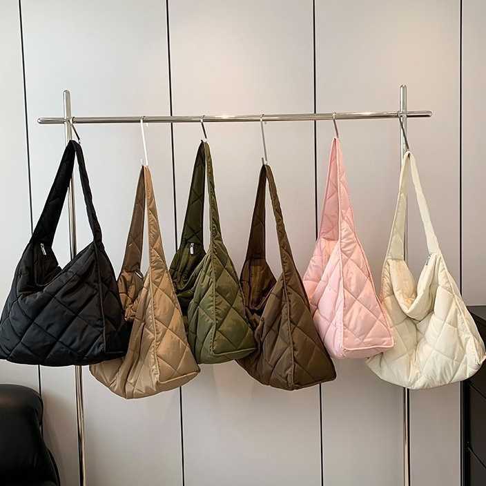 large capacity tote bag, fashionable diamond grid wide shoulder strap down cotton jacket bag, casual single shoulder crossbody bag women 241015