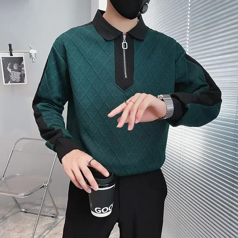 T Polo Shirts for Men Plaid Spliced Tops Half Zip Male Clothes Sweatshirts Green Rock High Quality It Original Korean 241024