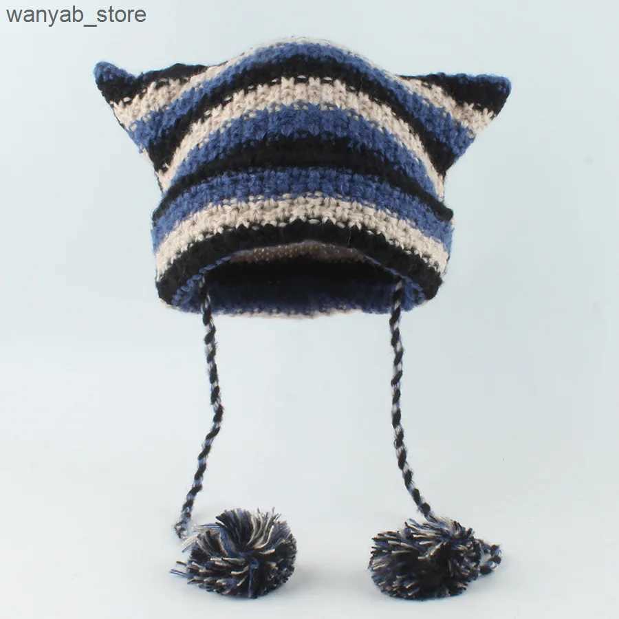 Wide Brim Bucket Hats Japanese Y2K Cute Black White Striped Cat Ears Wool Women Autumn Winter Warm Little Devil Hanging Ball Knitted Beanie Hat L24091