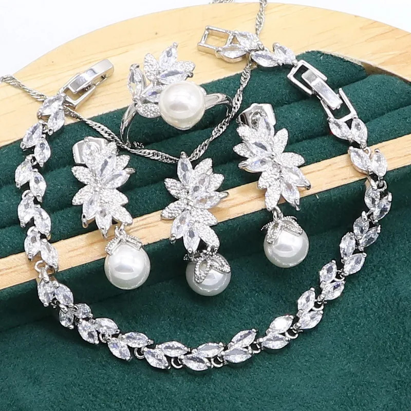 925 sterling silver jewelry set womens white pearl earrings necklace pendant ring zircon bracelet birthday gift 241031