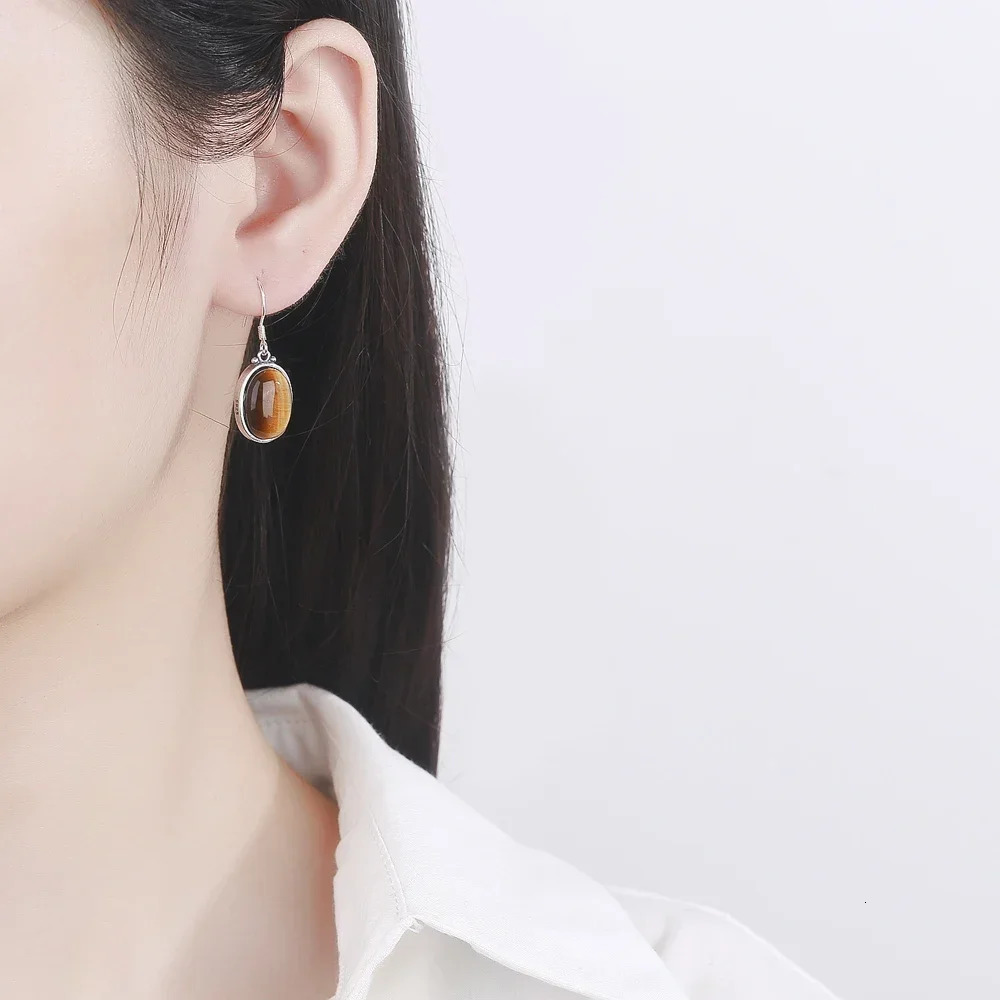 925 sterling silver earrings 10 * 14MM large oval natural tiger eye Labrador elegant and simple pendant engagement gift jewelry 241031