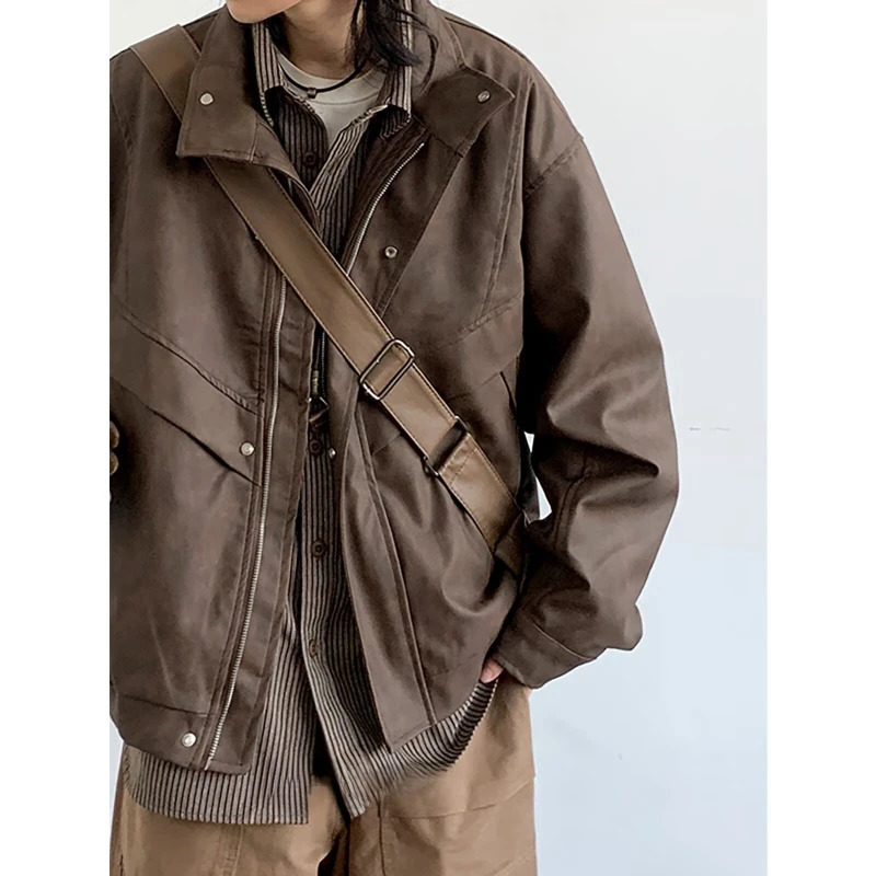 Retro motorcycle leather jacket mens stand up collar American fashion pilot jacket zipper loose profile short bomber jacket 241031