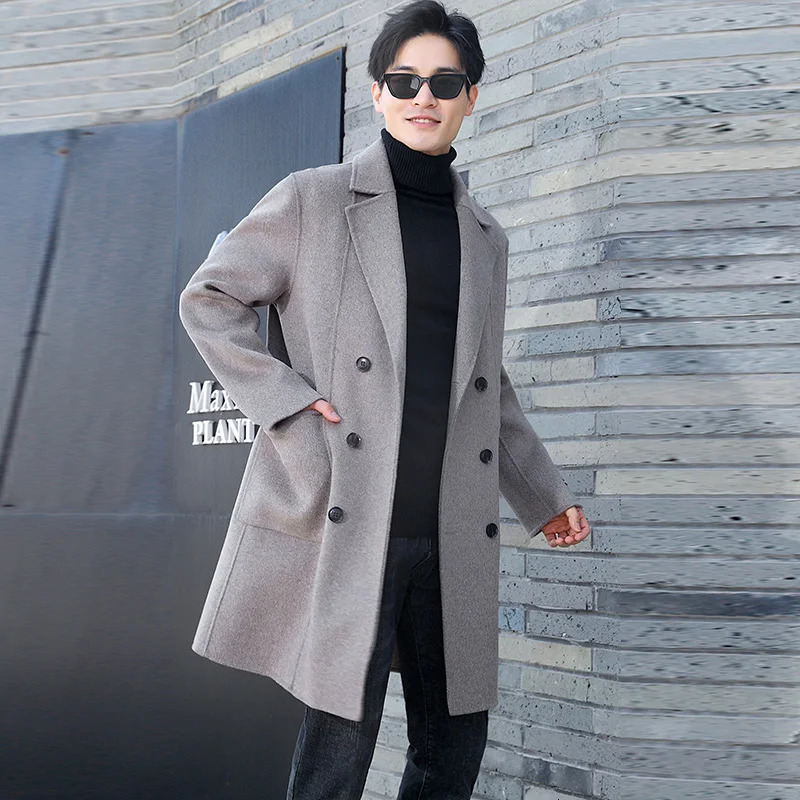 100 Merino Wool DoubleSided Coat Mens Suit Collar DoubleBreasted Coat Handmade Long HighStreet Business Top With Pocket 241024