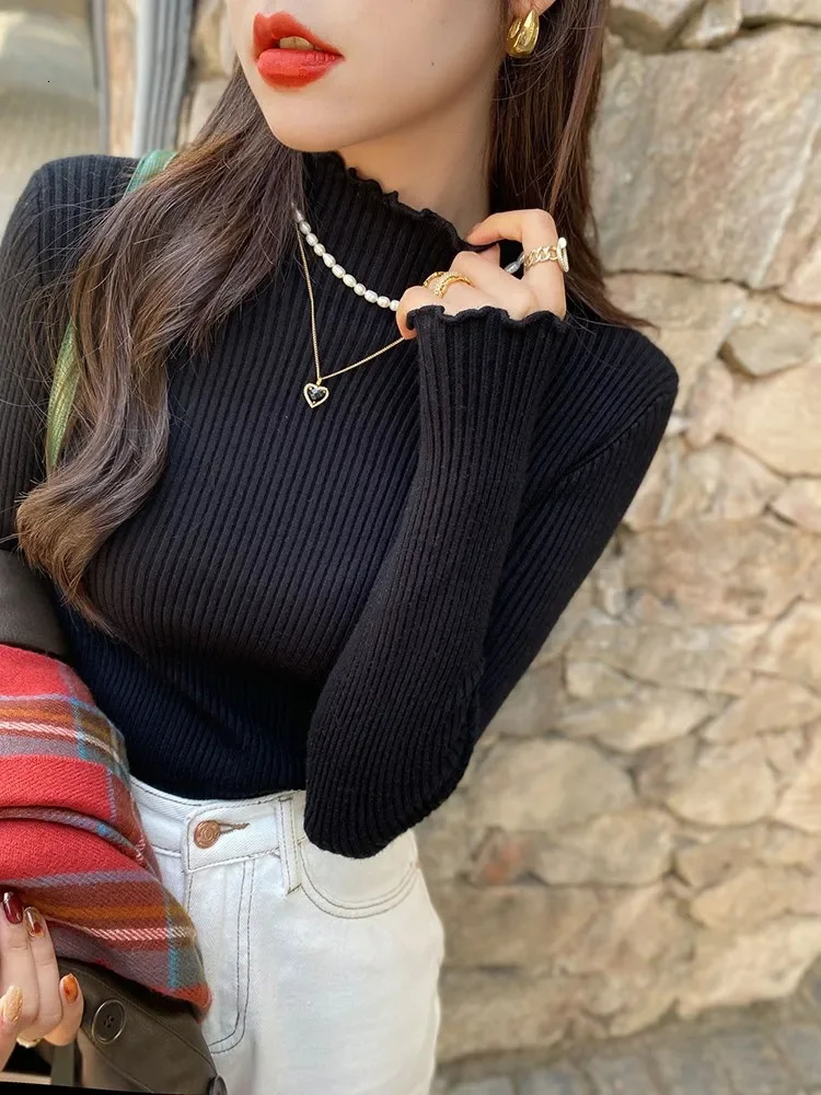 ZJAISS 2024 Long Sleeve Ruffles Turtleneck Slim Jumper Soft Warm Pull Femme Autumn Winter Sweater Women Knitted Ribbed Pullover 241031
