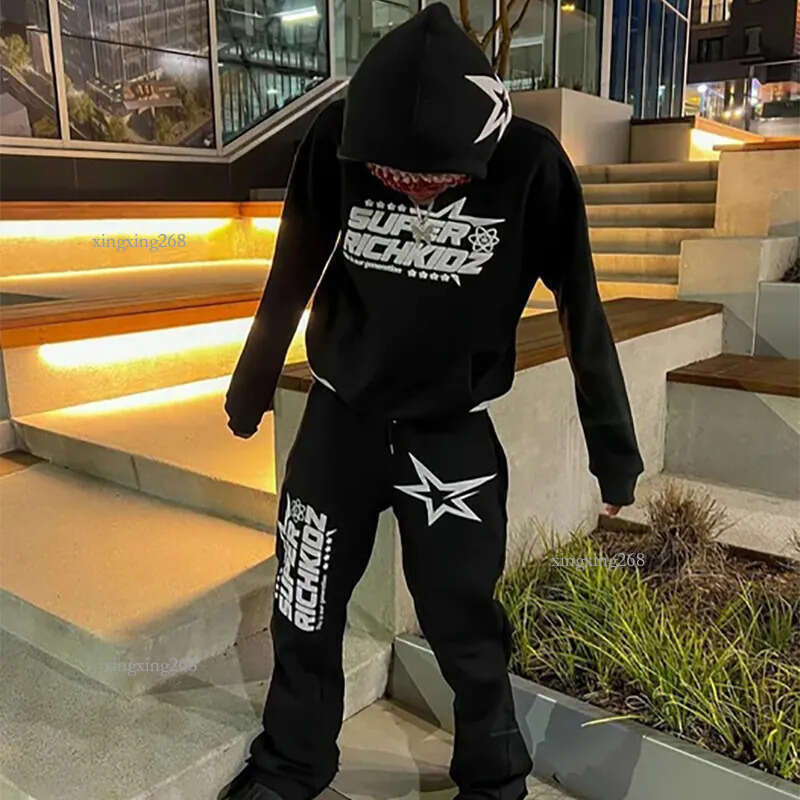 Trendy Men's Sportswear Star Letter Print High Street Hip Hop Men's Sports Casual Hoodie Flared Sweatpants Two Piece Set Streewear