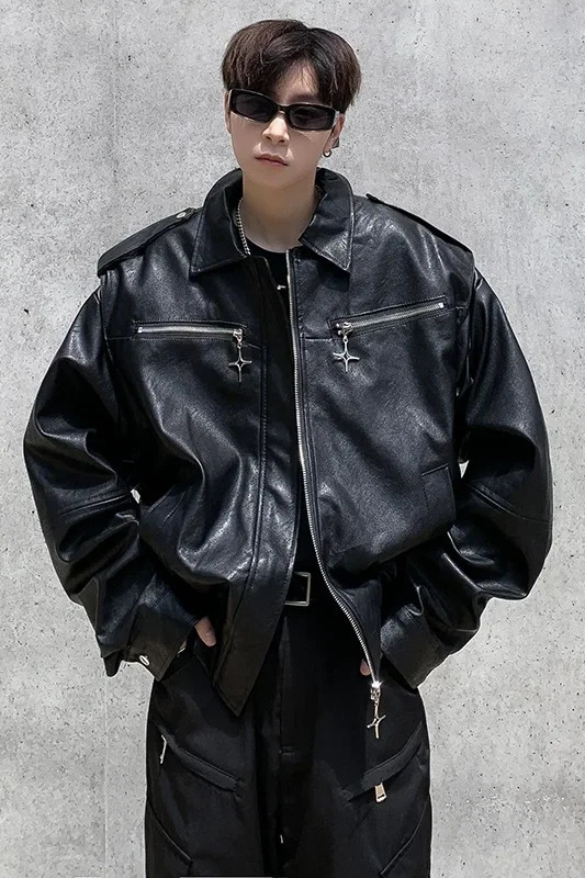 Spring retro Korean style elegant mens leather jacket casual loose fit heavy and harsh situation couple jacket trend 241031