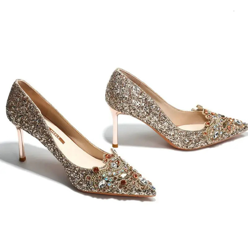 Gold Wedding Shoes WomenS Bride Dress Shoes Fashion Sequin Crystal High Heels 241031
