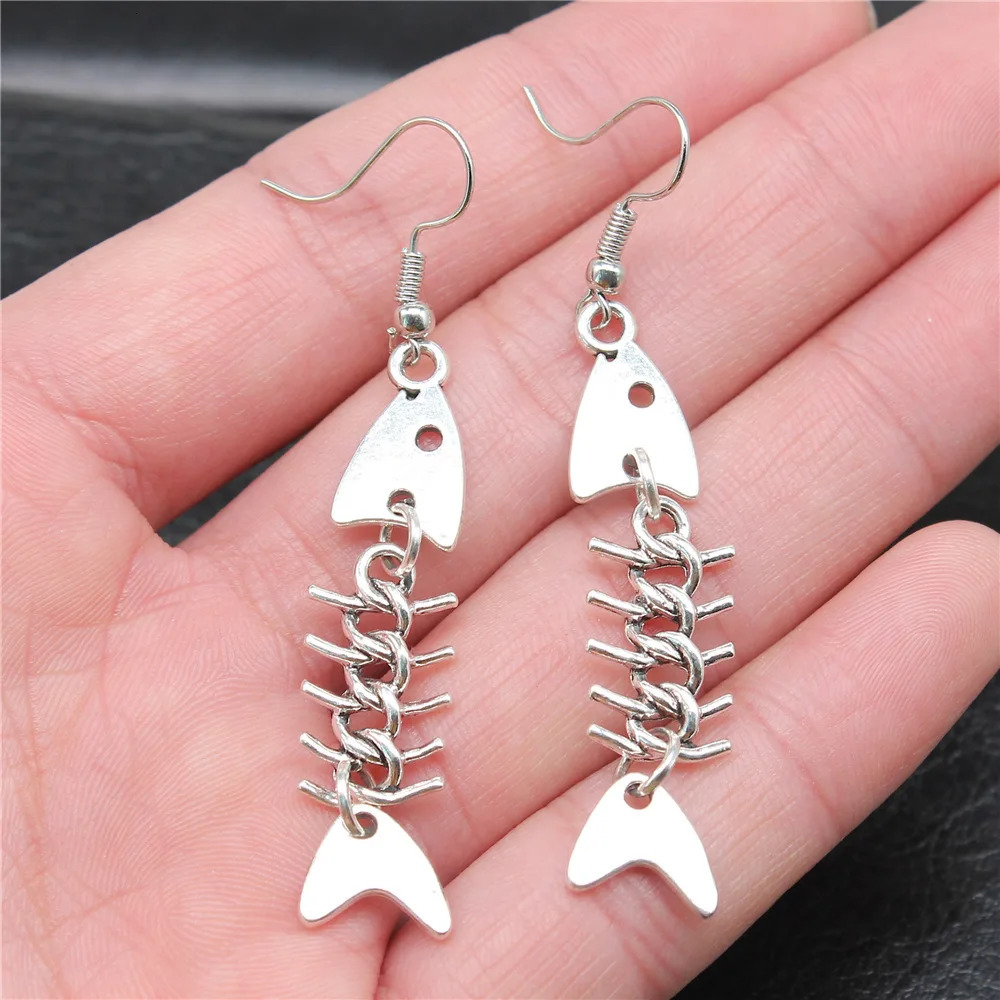 Fashion Handmade Simple n Antique Silver Color Fish Bone Pendant Earrings Drop 241031