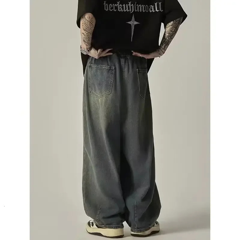 Elastic Waist Oversize Jeans Mens Womens Loose Fit Streetwear Draped Wide Leg Trousers Japanese Style 241031