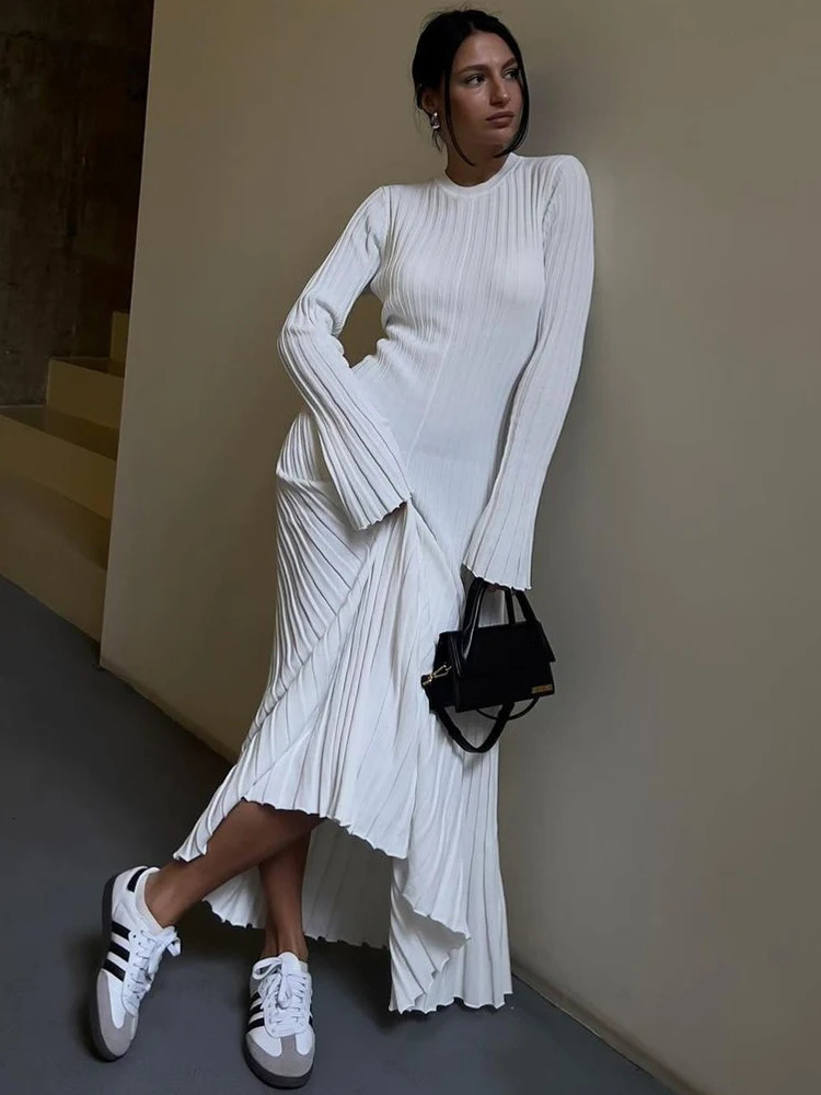 Lace-Up Female Knit Maxi Dress Autumn High Waist Fashion Patchwork Long Sleeve Loose Solid Dress Bandage Knitwear Dress 241031