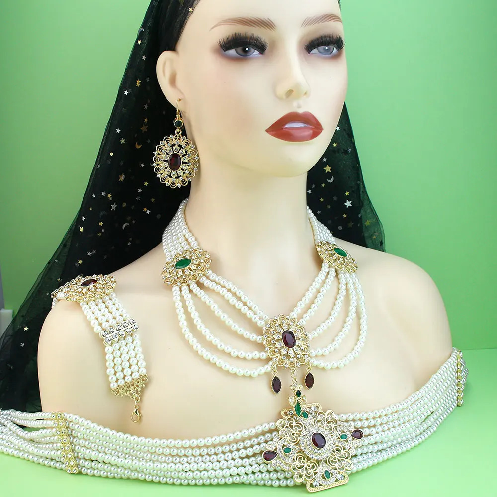 Neovisson Moroccan Fashion Style Jewelry Set Gold Pearl Caftan Beaded Necklace Crystal Earrings Bracelet Bridal Gift 241031