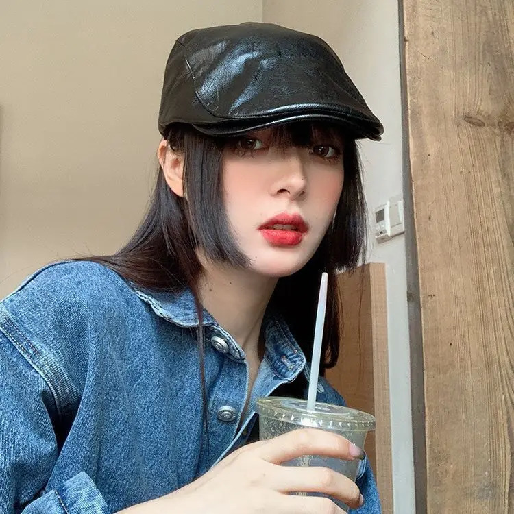 Leather Hat Black Beret Female Summer Personality Retro British Backward Forward Cap Autumn Winter Painter Outdoor Fashion M548 241031