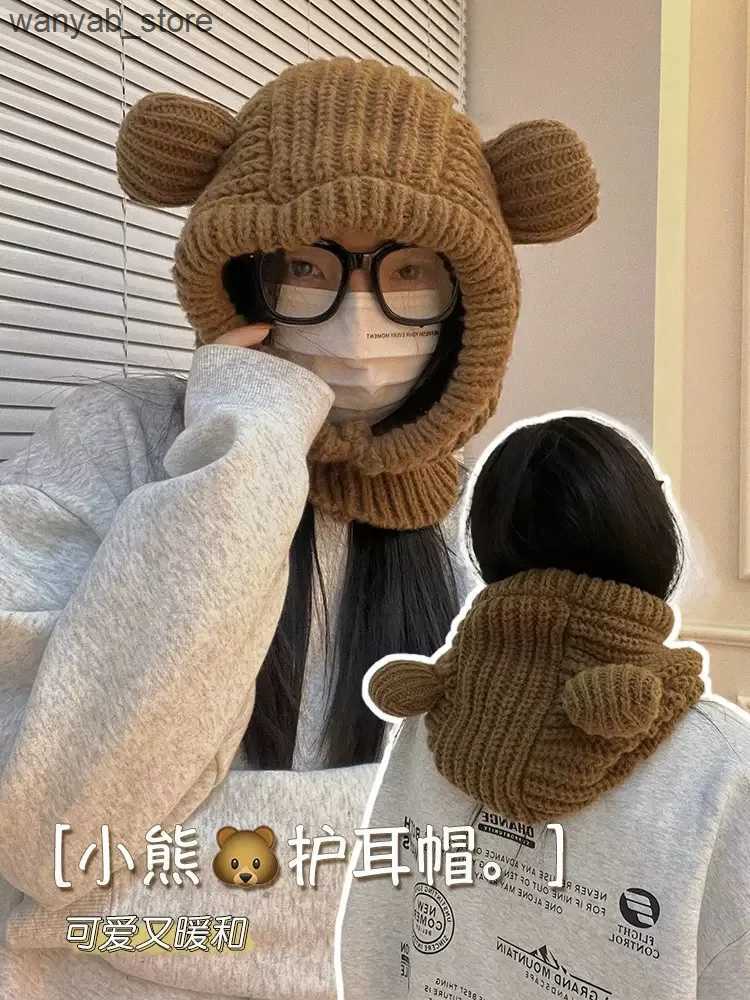 Wide Brim Hats Bucket Hats NEW Lovely Womens Fashion Knitted Hat Caps Cute Bear Ears Adult Soft Plush Thickened Outdoor Ear Protection Warm Hat Female