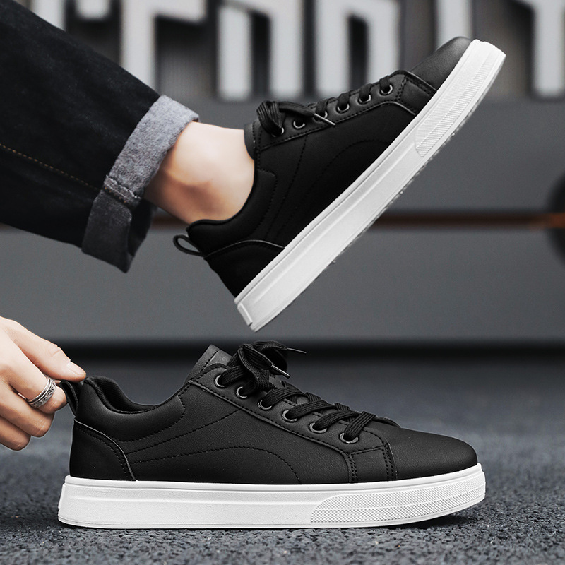 Men Casual Shoes PU Leather Black White Non-Slip Lace Up Fashionable Comfortable Sports Platform Sneaker