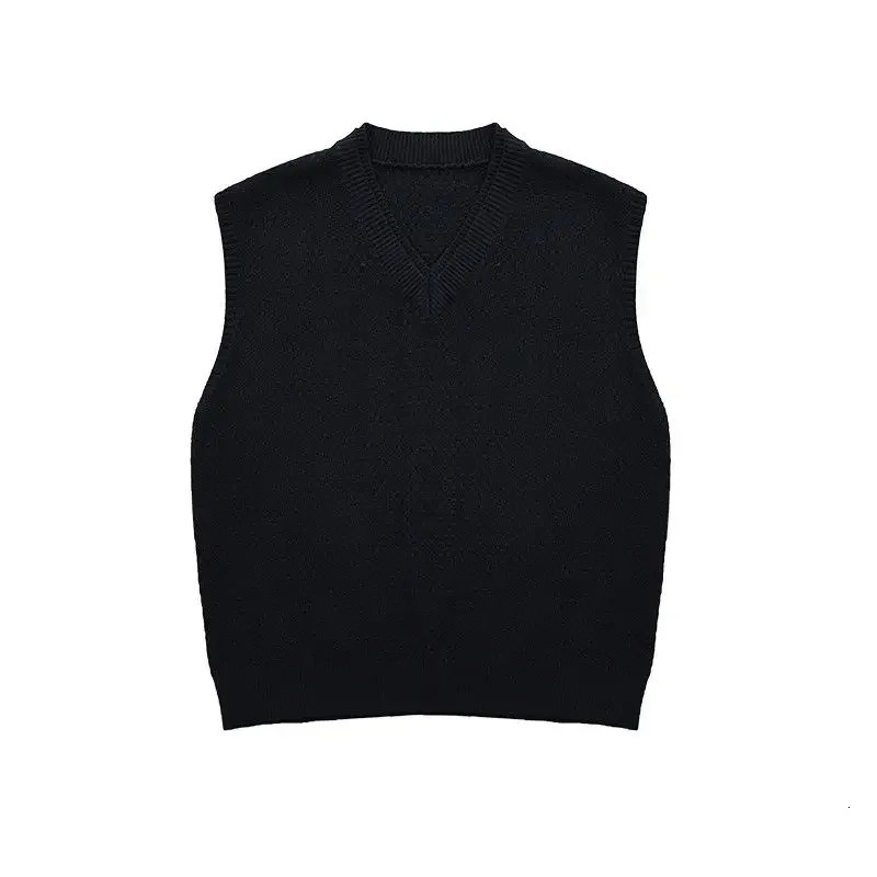 Early Autumn Simple Black Vneck Knitted Sweater Vest for Men Classic Fashion Harajuku Loose Casual Allmatch Inner 241031