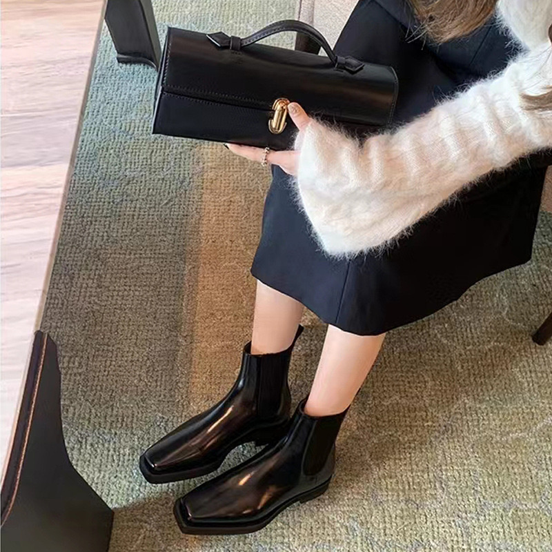 2025 new Women Ankle Platform Fashion Metal Square Toe Back Zipper Ladies Flats Heel Short High Quality Woman Boots Shoes