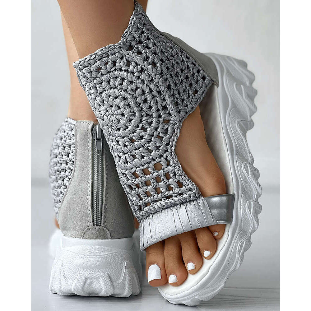 gold Knitted Woolen woman summer New Braided Elastic Shoes Mesh Flat Bottom Hollow Out Female Sandals Mujer