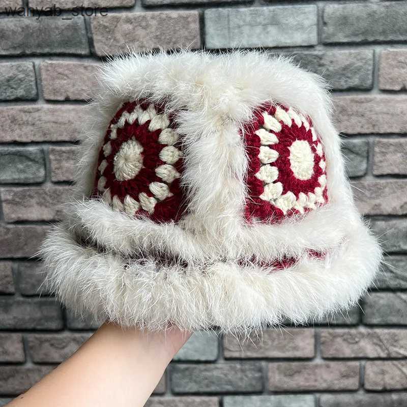 Wide Brim Hats Bucket Hats Stylish Crochet Bucket Hat Women Winter Rabbit Fur Warm Cute Plush Cap Big Head Casual Knitted Fishermans Caps Fashion Pana