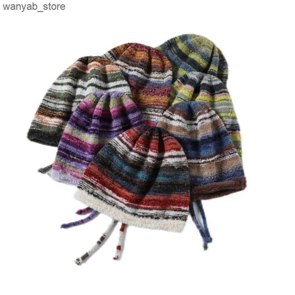 Wide Brim Hats Bucket Hats 2024 New Mink Velvet Hoody Hat Strap Beanie Hat Women Autumn Winter Warm Knitted Hat Rainbow Colored Stripe Pullover Hat Ho