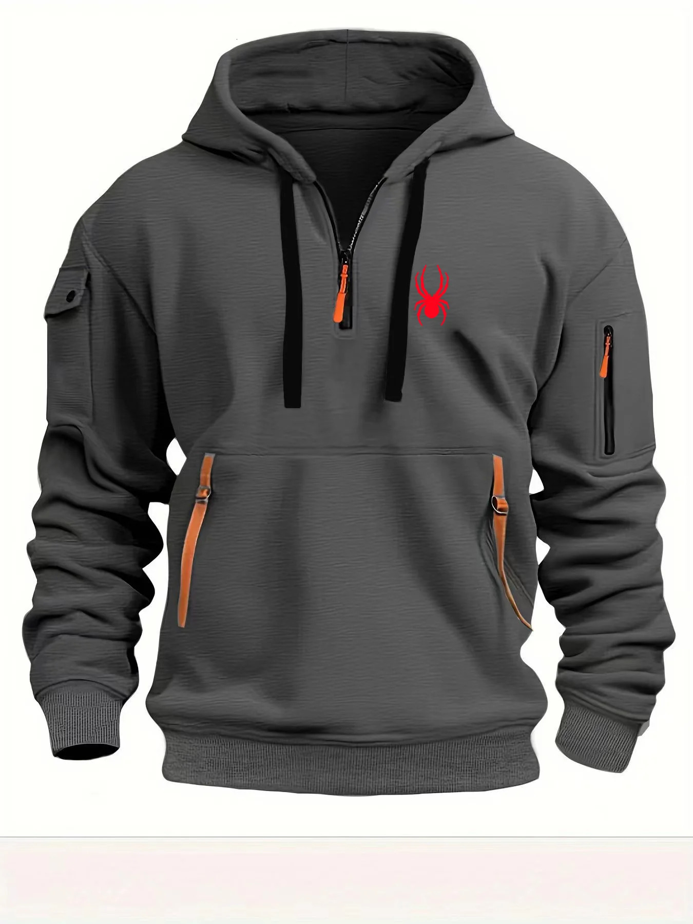 Mens fashion autumn and winter zipper multi pocket printed spider hoodie casual sports pullover street outdoor 241031
