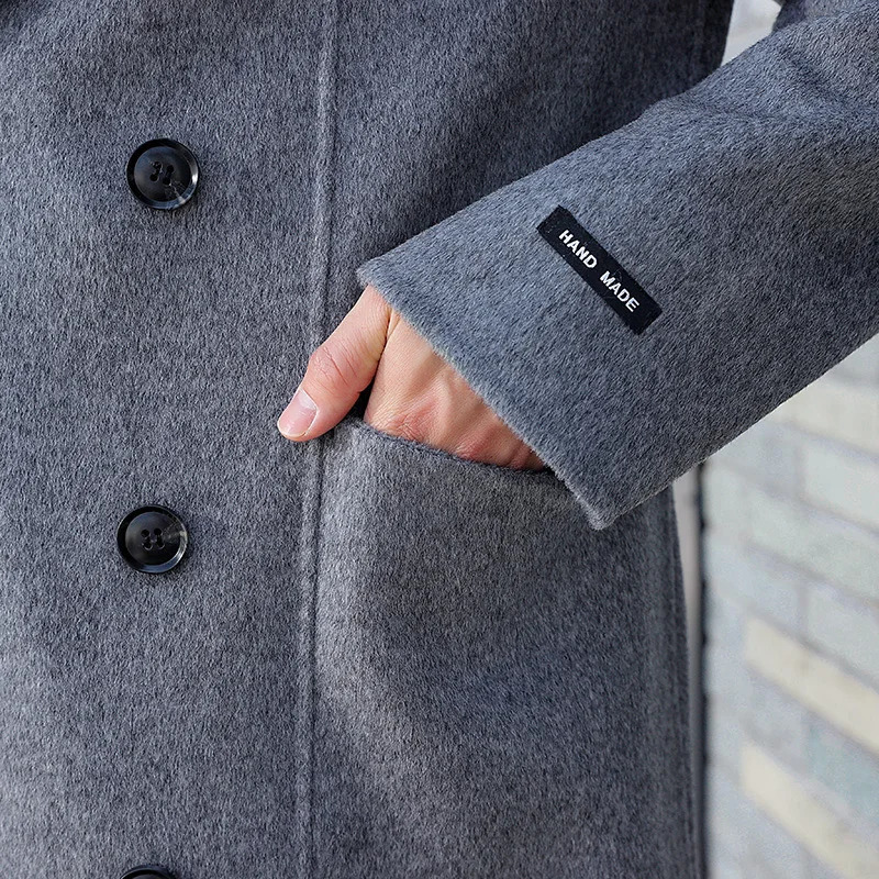 100 Merino Wool DoubleSided Coat Mens Suit Collar DoubleBreasted Coat Handmade Long HighStreet Business Top With Pocket 241024