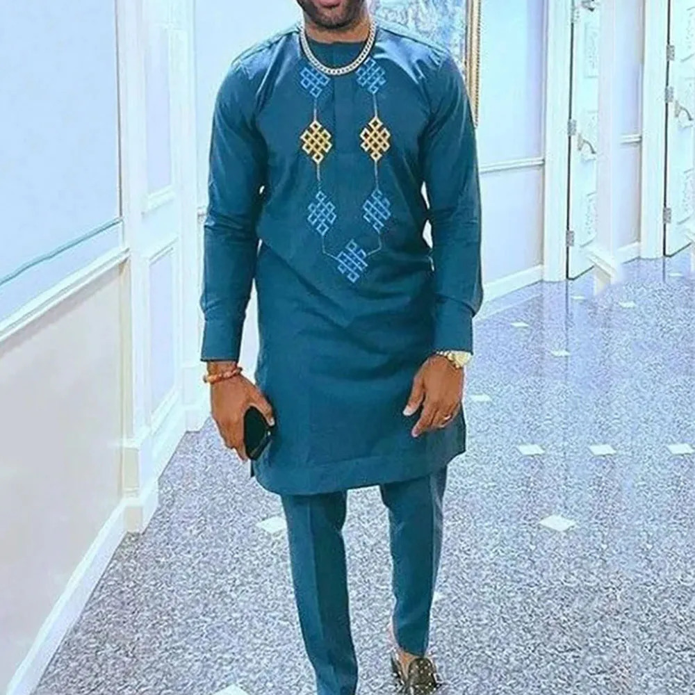 Summer African Mens Traditional Elegant Suits Outfit Dashiki 2Pcs Shirt Pants Full Set Clothes Abaya Costume 241031