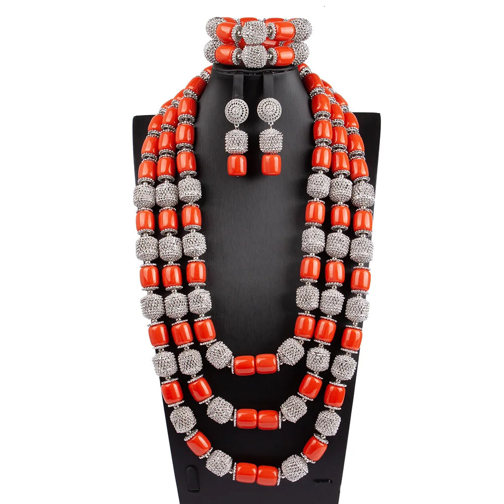 Fashionable 3-layer womens necklace earring bracelet set African Nigerian wedding artificial coral bead jewelry set free delivery 241031