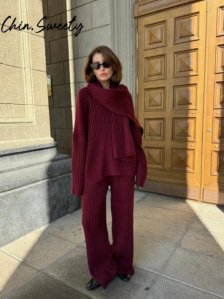 Casual solid knitted woolen suit with scarf womens lazy V-neck long sleeves wide legs pulled together Trouser autumn womens suit 241031