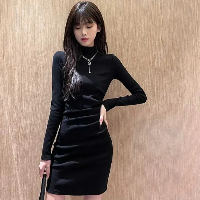Crochet Dresses for Women Black Turtleneck Extreme Mini Woman Knitted Dress Bodycon Short Pleated Curvy Cotton Long Sleeve Loose 241031
