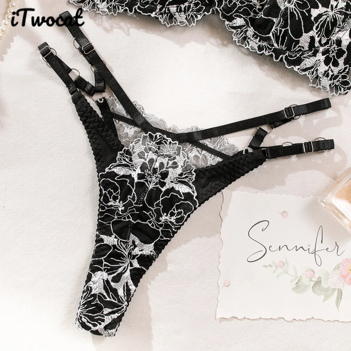 iTwocat 2025 Fashion Sexy Underwear Lingerie Sets For Womens Lace Embroidery Bra Set Black Floral 2pcs Adult Erotic Costume 241031