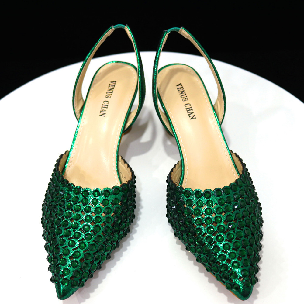 Venus Chan High Heels Lady 2023 Designer Green Color Full Dia Pointed Toe Wedding Shoe And Bag Set For Party 241110