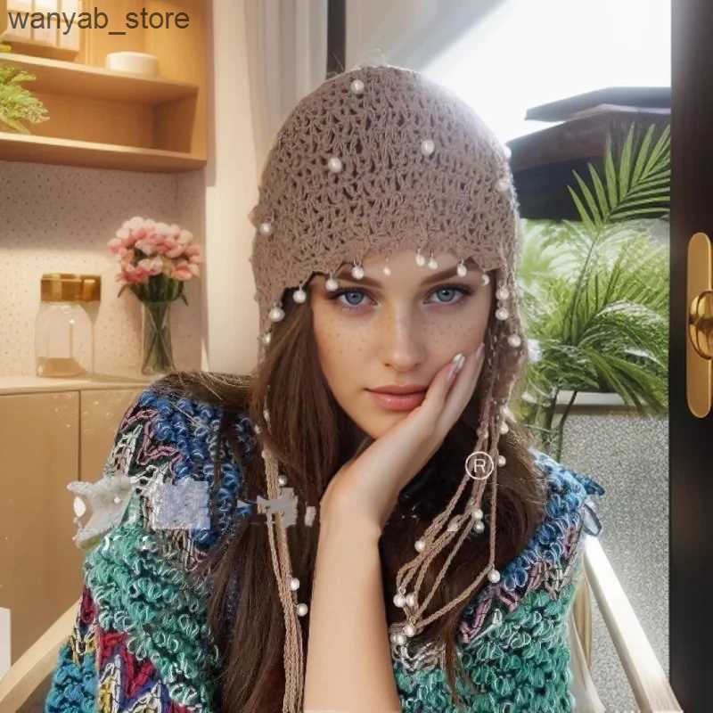 Wide Brim Hats Bucket Hats Womens Handmade Crochet Hollow Pearl Tassel Pullover Hat Retro Ethnic Style Literary Princess Hat Sexy Hot Girl Decorative 