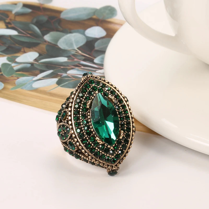 Kinel Antique Ring For Women Vintage Look Green Crystal Boho Jewelry Gold Color Charm Ethnic Wedding 241031