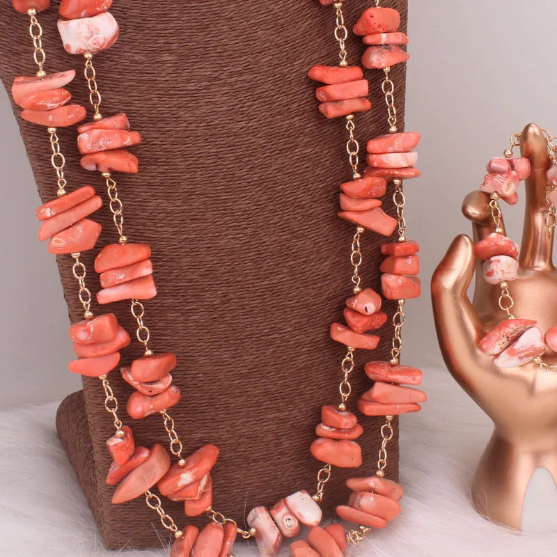 Dudo Orange Long n African Coral Beads Nigerian Womens Jewelry Set 241031