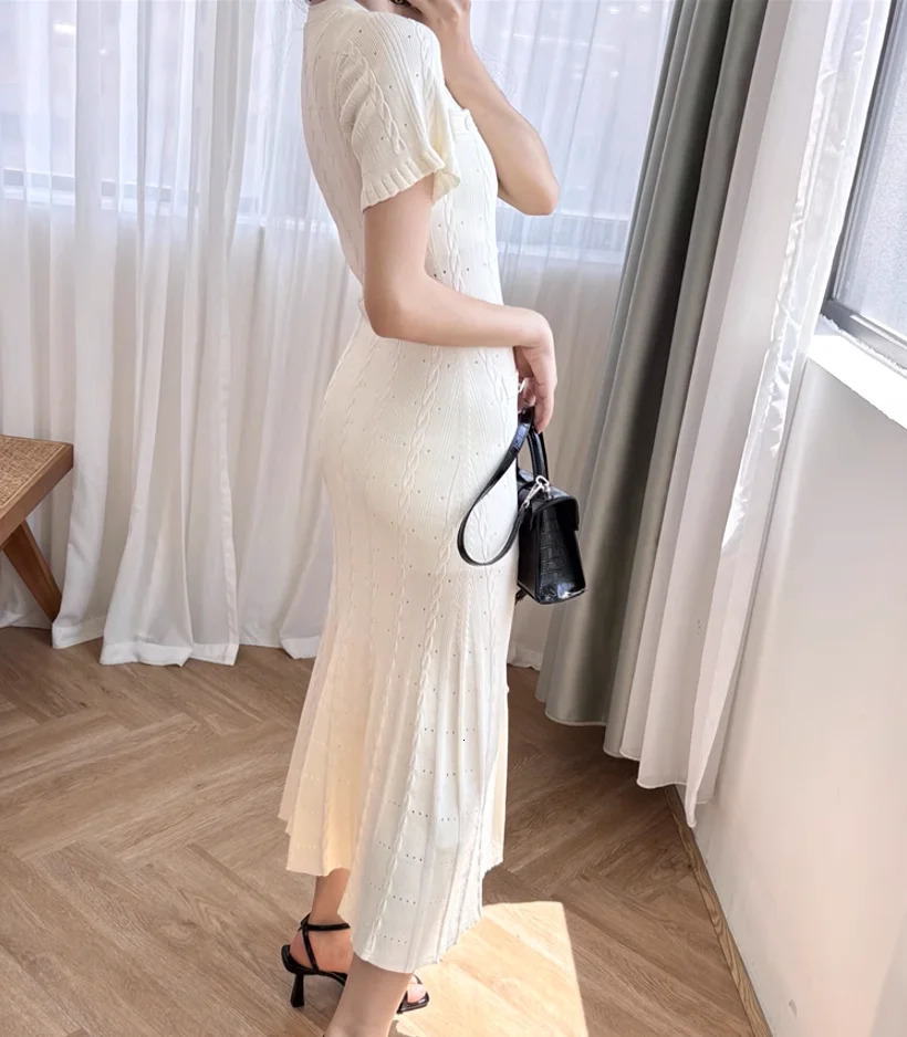 White Hollow Knitted Dres 2024 Summer Temperament Short Sleeve Elegant Slim Bodycon Party Dress 241031