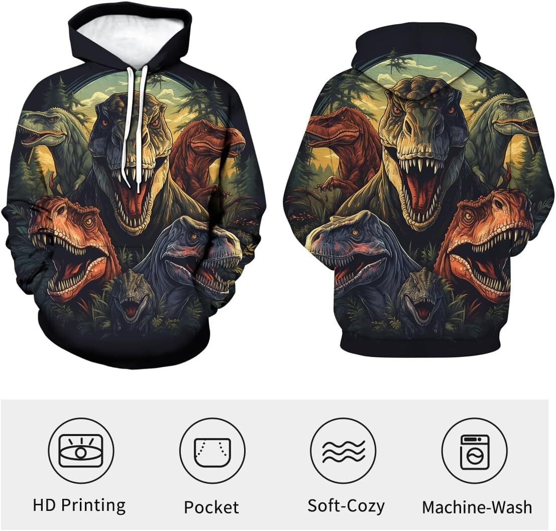 Hoodie for Mens Womens Men Psychedelic Dinosaur Graphic Hoodie Hoodies Colorfu Pockets Long Sleeve Pullover Black Graphic Hoodies sweatshirt Pullover 