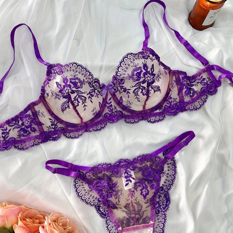 Women Flower Embroidered See-through Mesh Sexy Comfortable Simple and Elegant Underwear Set Erotiic Sexy Bra and Panty Set 241031