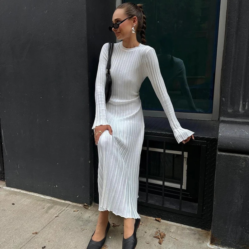 Lace-Up Female Knit Maxi Dress Autumn High Waist Fashion Patchwork Long Sleeve Loose Solid Dress Bandage Knitwear Dress 241031