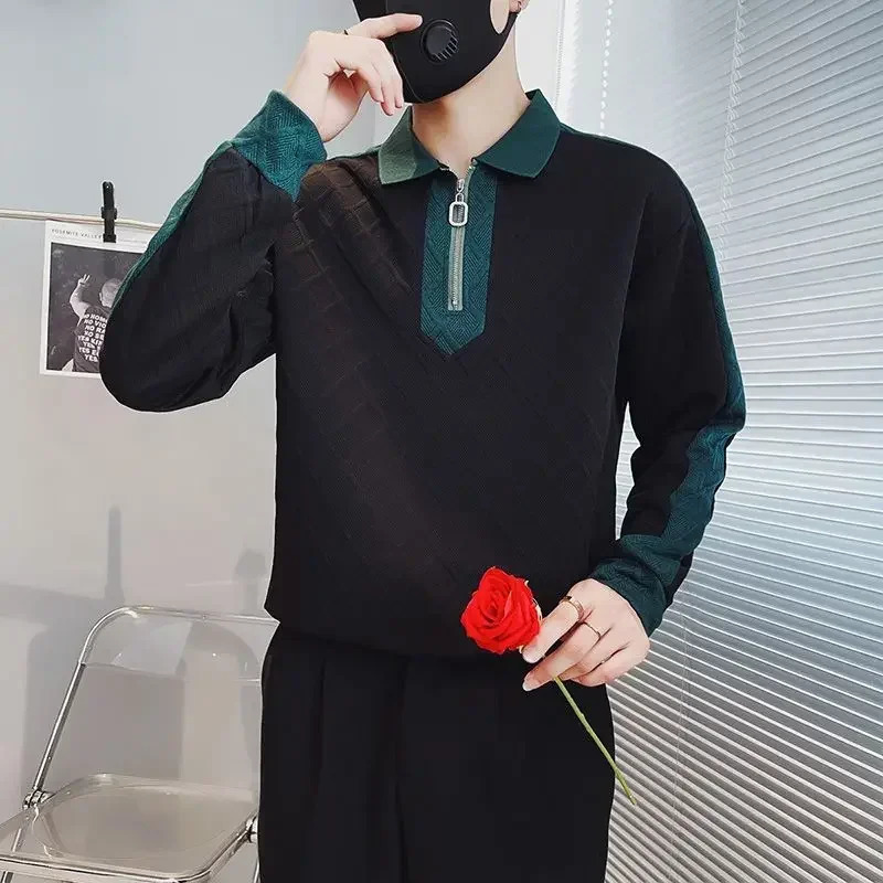 T Polo Shirts for Men Plaid Spliced Tops Half Zip Male Clothes Sweatshirts Green Rock High Quality It Original Korean 241024