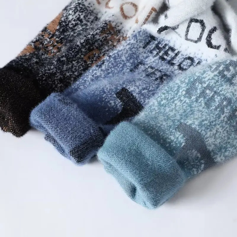 Winter Mens Plush Sweater Japan Warm O Neck Blue High Quality Letter Knitted Top Fashionable Clothing Para Homens 241031