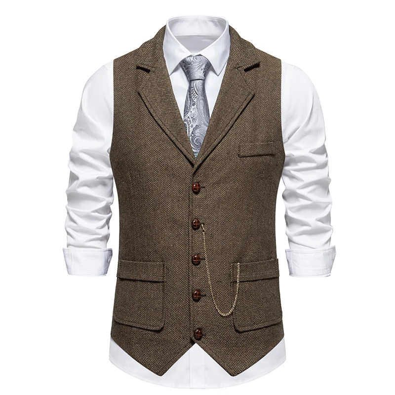 Mens Retro Lapel Chain Vest Fashion Herringbone Coarse Tweed Pockets Suit British Casual Vintage Gentleman Leisure Party 241031