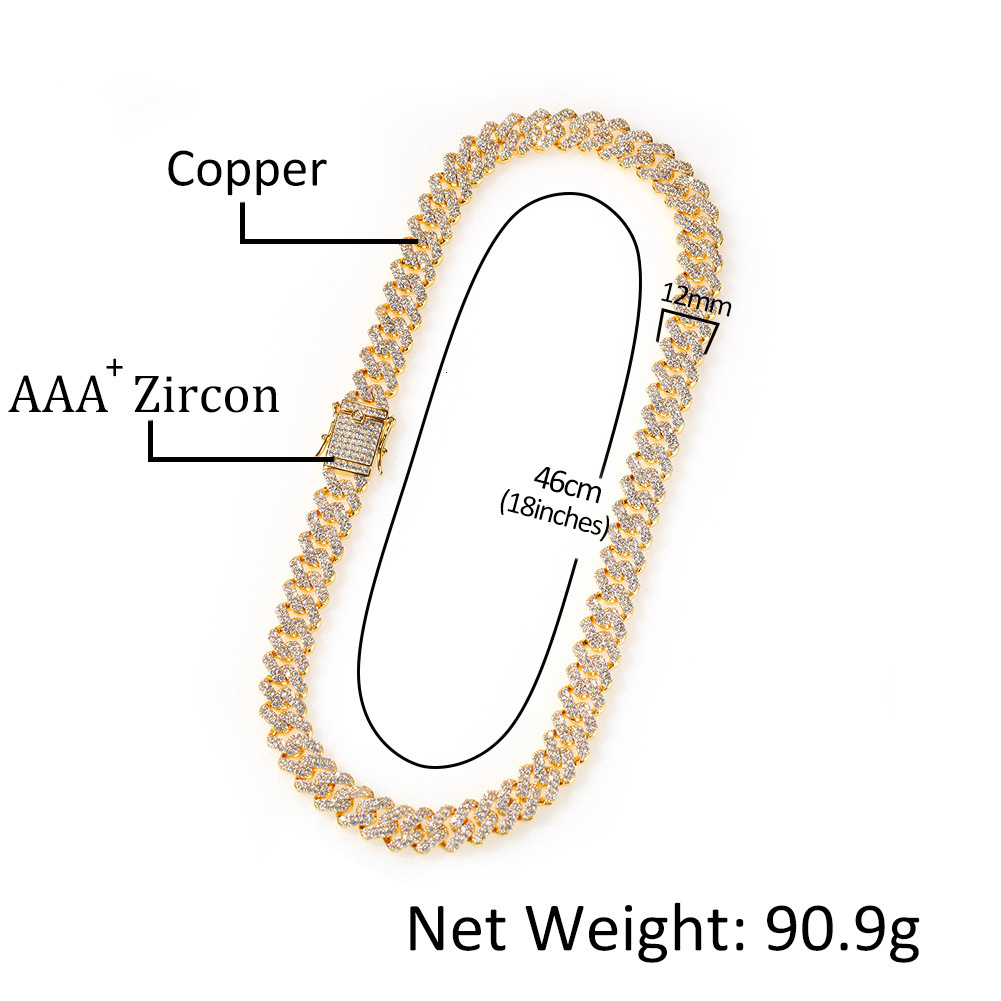 12mm 18k Gold Hip Hop Mens Cubic Zirconia Cuban Necklace Ins Style Top-quality Iced Out Curb Chains Choker Necklaces Bling Rapper Neck Chain Bijoux Gi