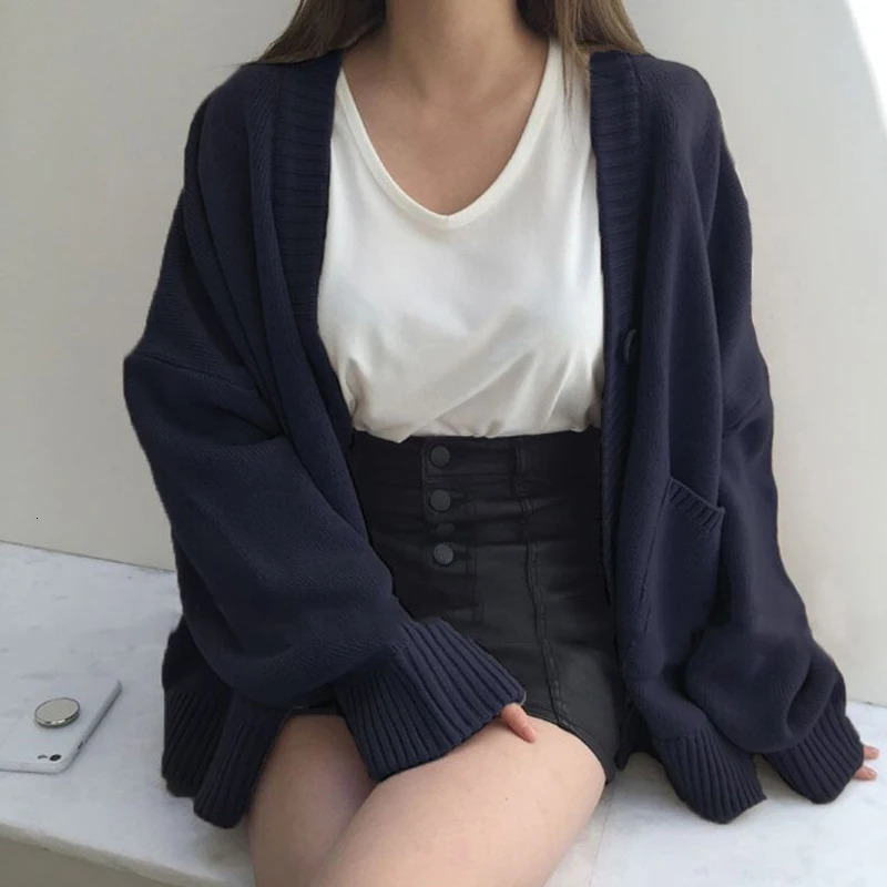 2023 Autumn Womens Sweater Fashion Vneck Vintage Knitted Cardigan Korean Loose Solid Sweaters Female 241031