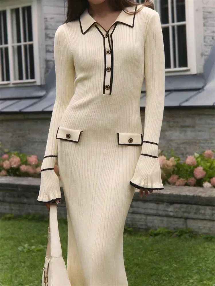TARUXY Knitted Mini Dress Women Autumn Winter Ruffled Rib High Waist Elegant Dresses Womens Long Sleeve Banquet Dress For Woman 241031